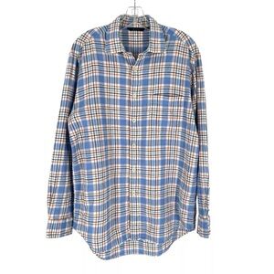Boden Linen Shirt Mens Size Medium Blue White Plaid Classic Long Sleeve Button
